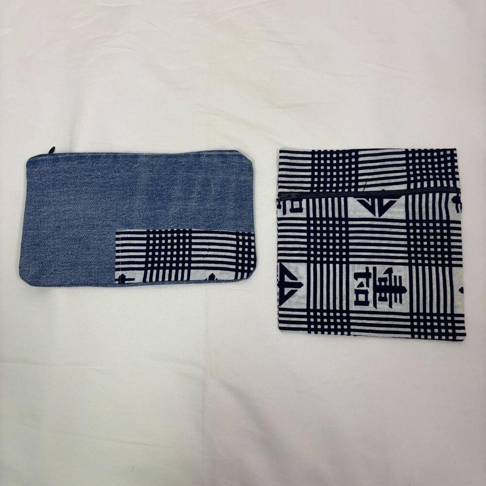 Japanese Yukata Print & Reworked Denim Zipper Pouch Set - 2 Pouch Bundle